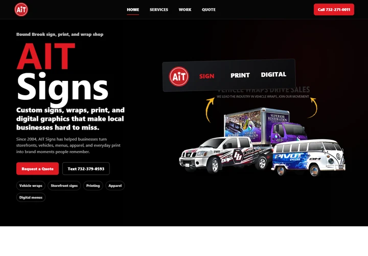 Current public AIT Signs homepage with services and a quote request link