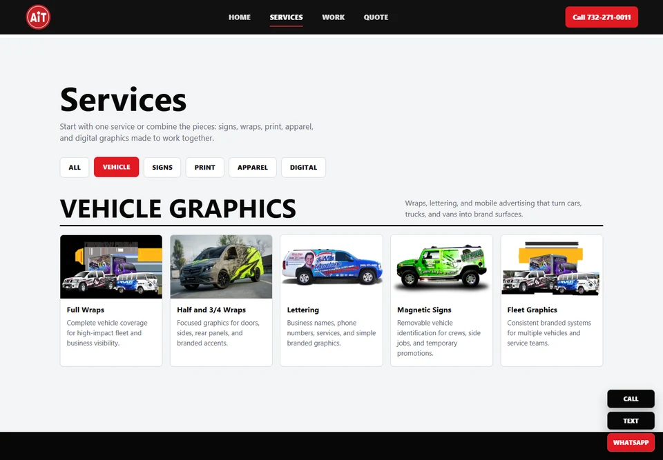 AIT Signs service catalog filtered to vehicle graphics, showing service descriptions and public imagery