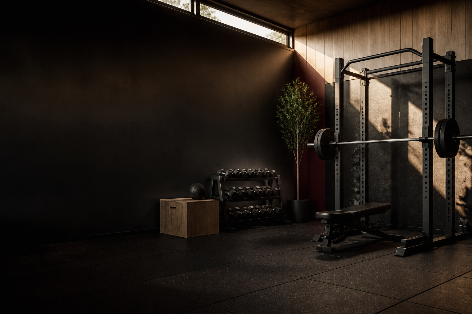 Boutique strength studio with a rack, dumbbells, and warm daylight