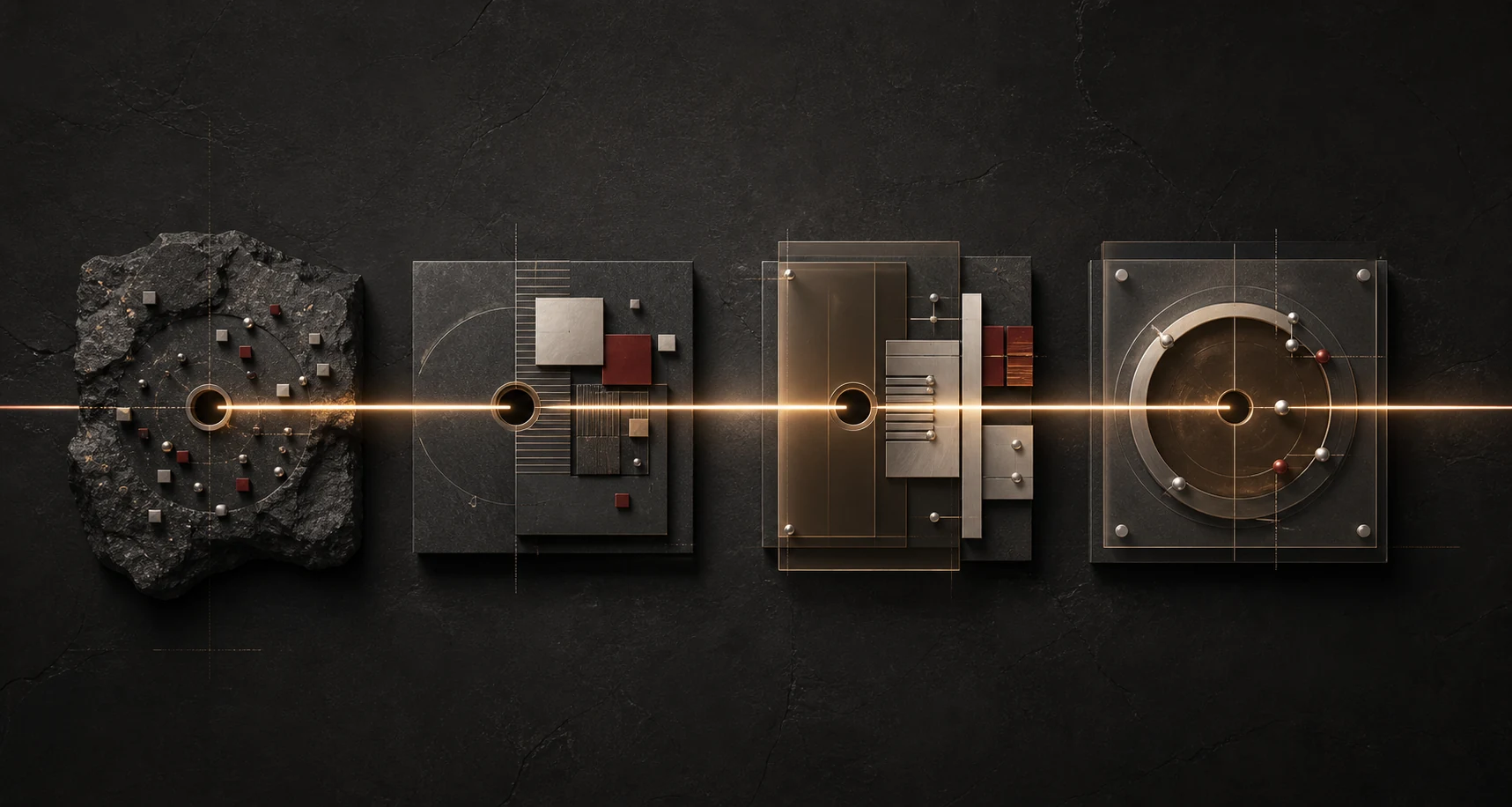 Four connected architectural systems progressing from fragmented to organized