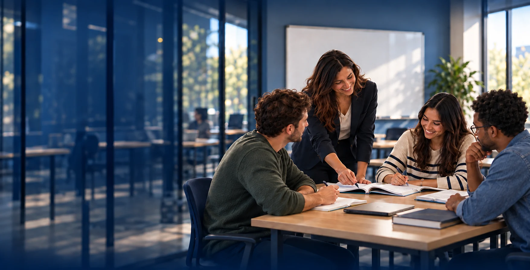 Illustrative adult classroom scene with an instructor helping students