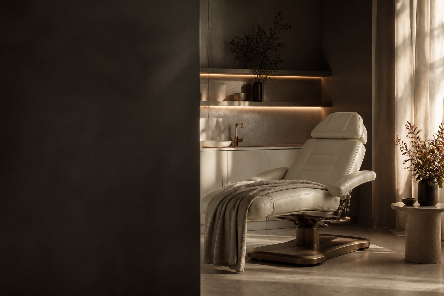 Warmly lit aesthetic clinic treatment room with a cream treatment chair