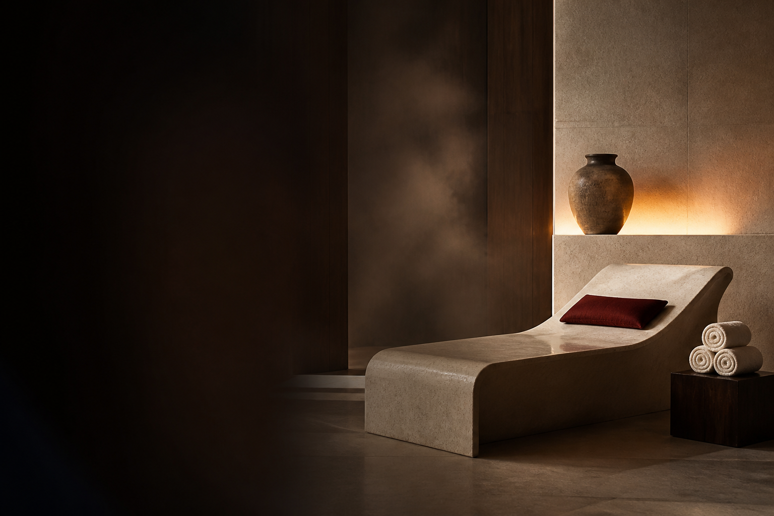 Serene recovery studio with a limestone lounge bench, rolled towels, and warm light