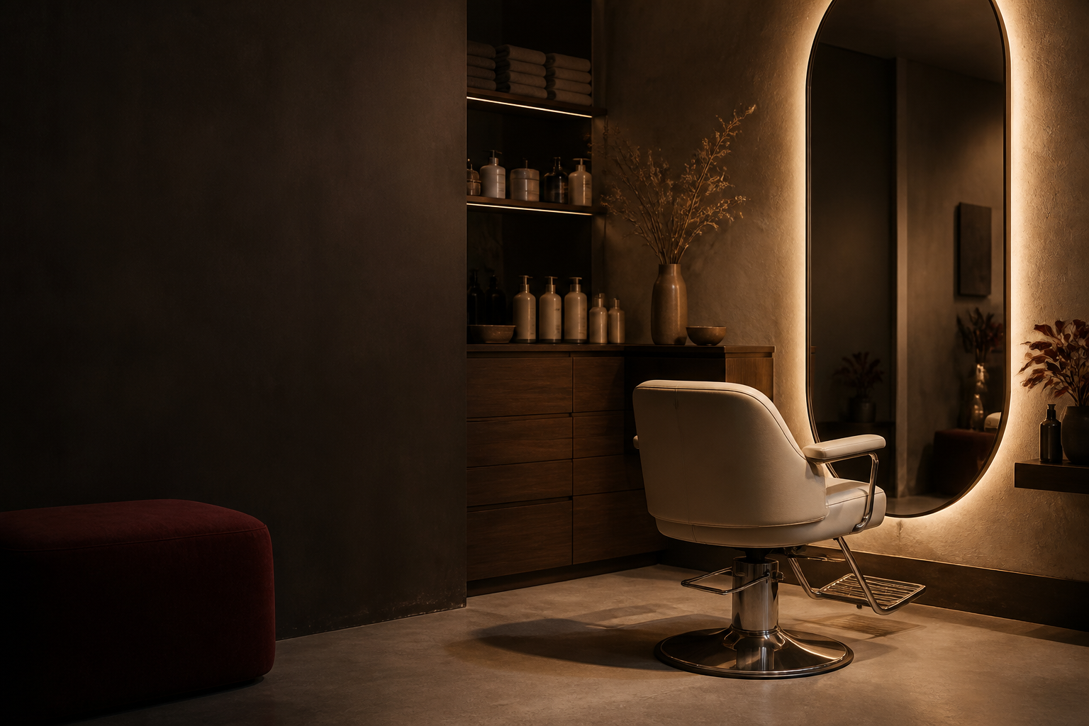 Warm editorial salon interior with a styling chair and illuminated mirror
