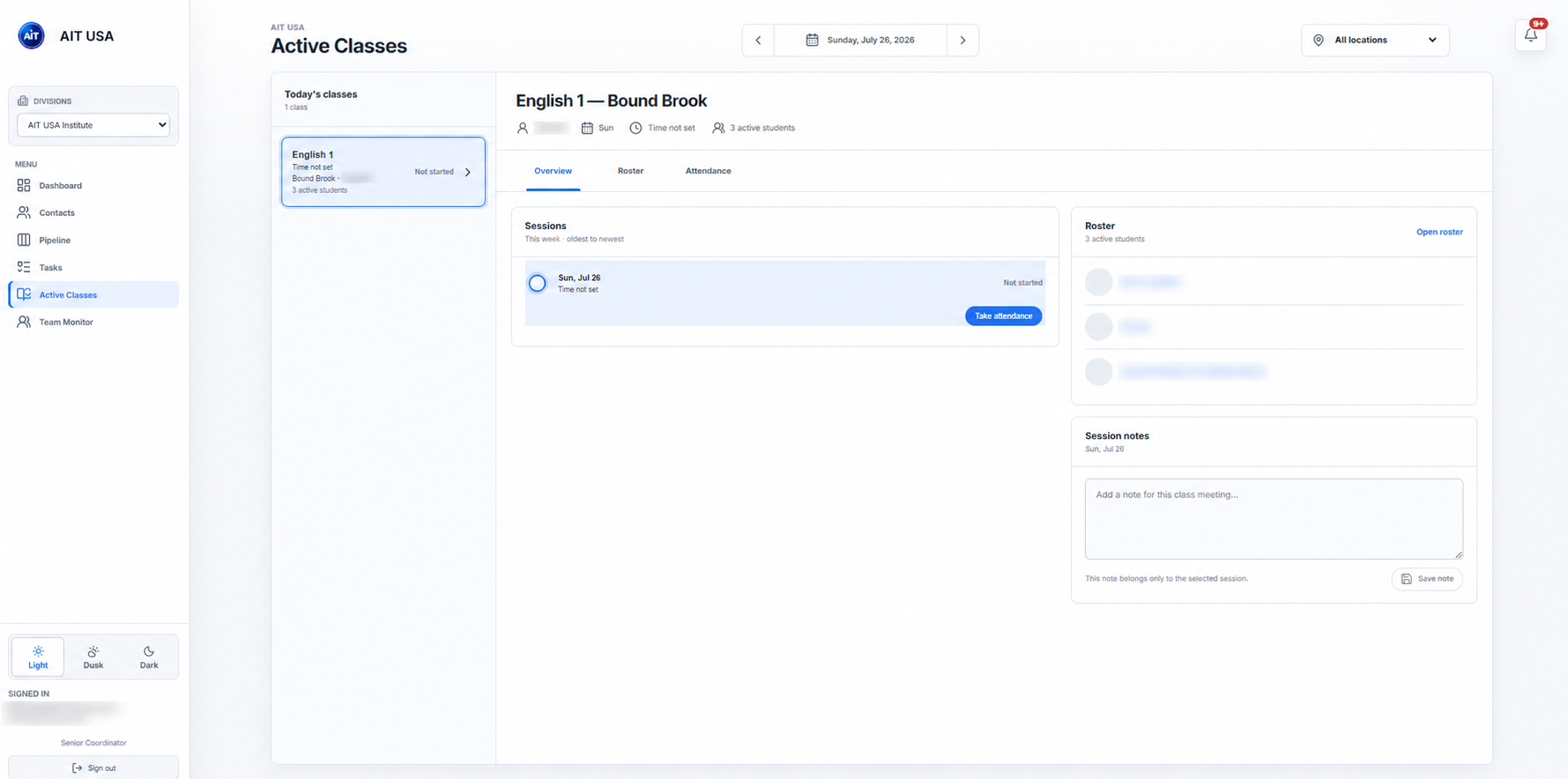 Sanitized AIT CRM active class and attendance workspace