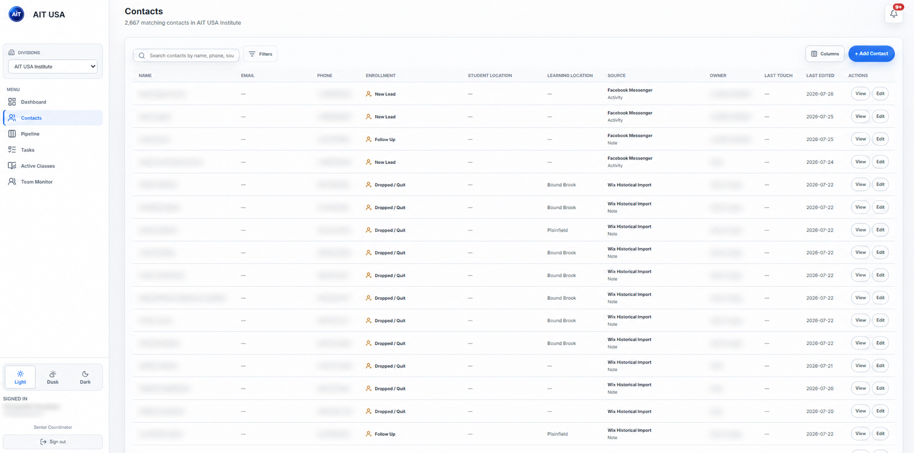 Sanitized AIT CRM contact database with lifecycle and source fields