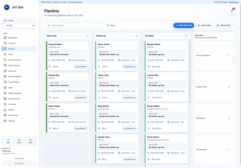 AIT USA CRM demo pipeline with synthetic inquiries, follow-up and enrollment records