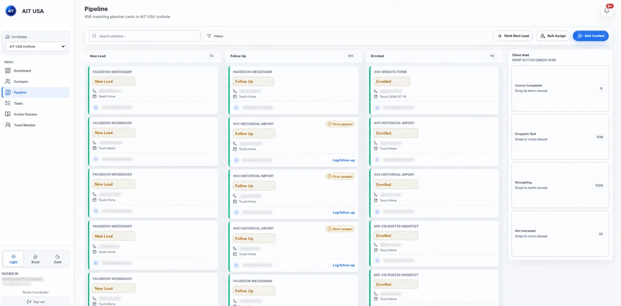 AIT’s real CRM pipeline: new leads, follow-up, and enrolled students organized in a shared workspace. Personal details are removed.