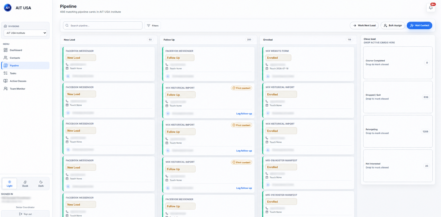 Sanitized AIT CRM pipeline organized by lead stage