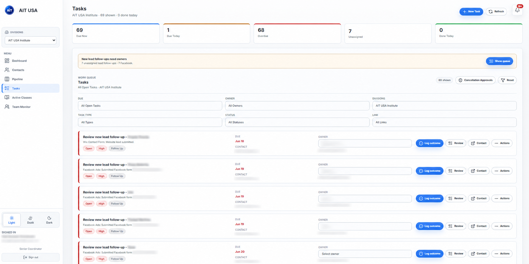 Sanitized AIT CRM task queue with due and overdue work