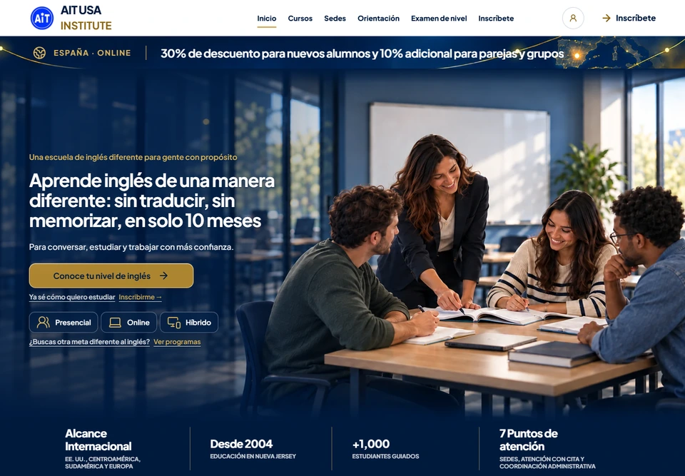 AIT USA Institute's current Spanish-language production homepage hero with compact headline, classroom imagery and placement-test and enrollment links