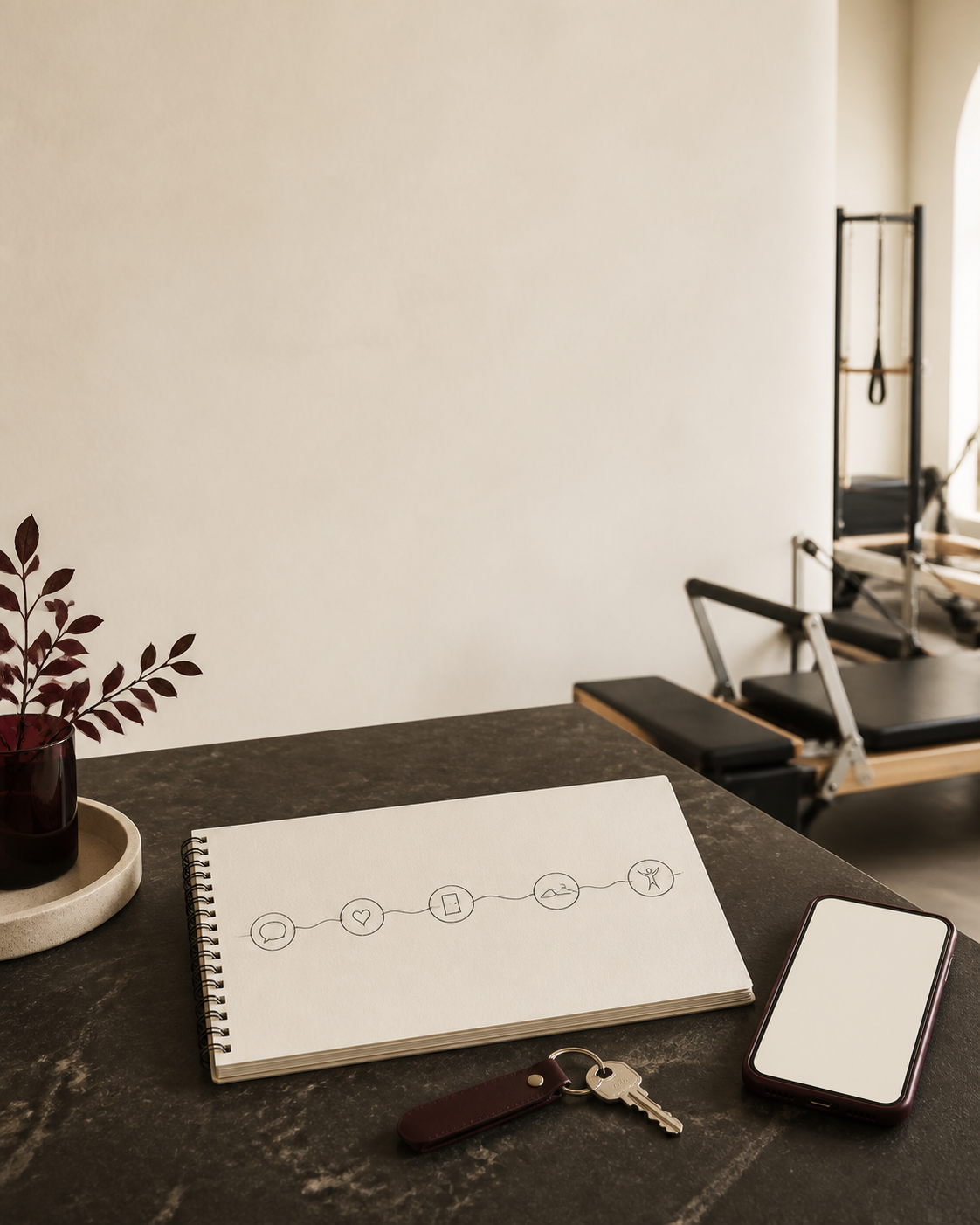 Pilates studio planning table with a notebook and reformers in the background